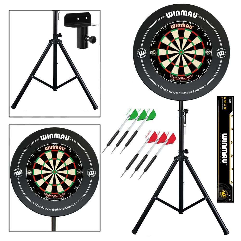 Winmau Complete Darts Set with Portable Stand + Diamond Dartboard + Surround + Darts