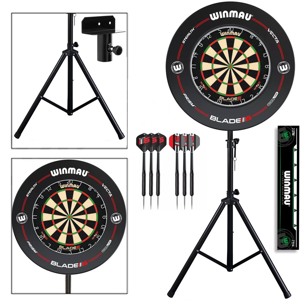 Complete Darts Set with Portable Stand, Winmau Blade 6 Dartboard, Surround and Darts