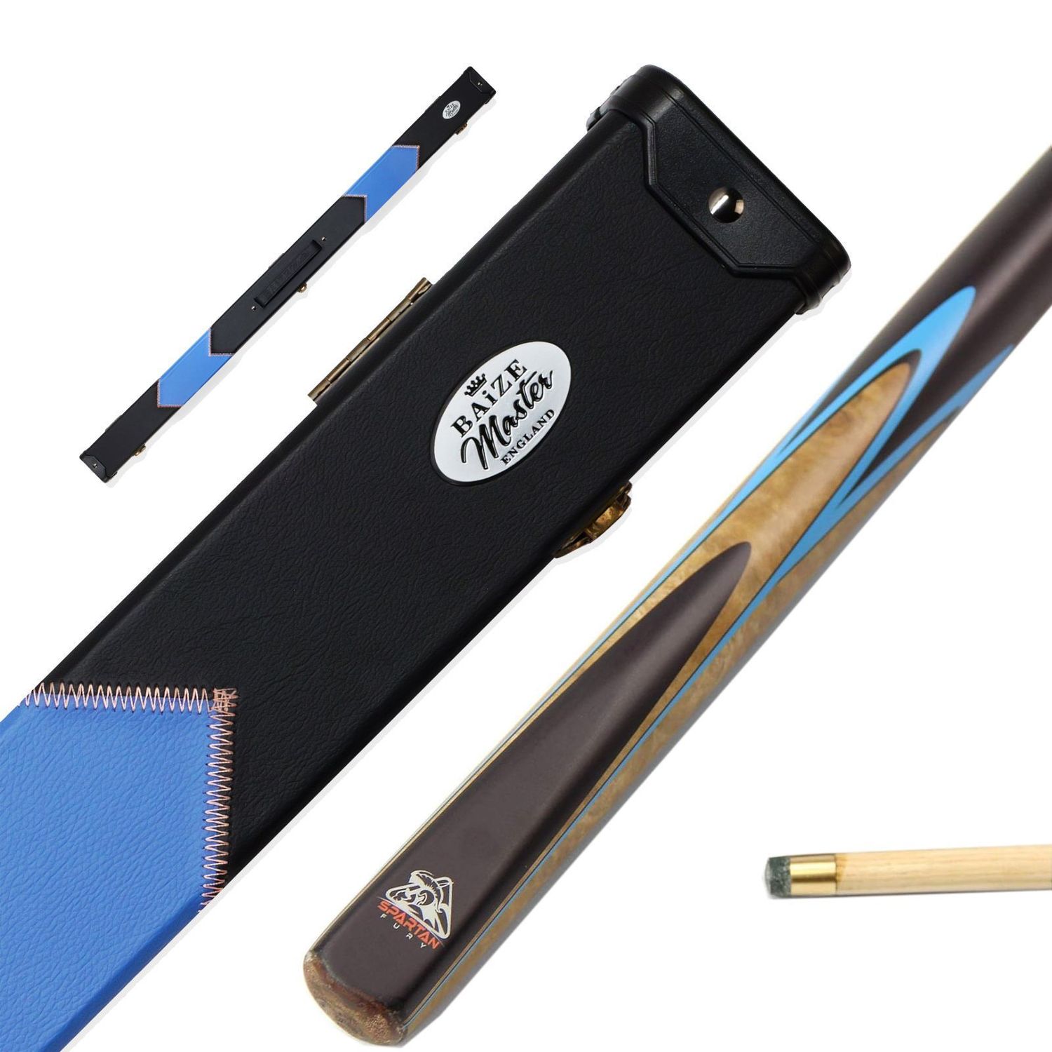 Spartan Fury Vanquish 57 Inch Ash 3/4 Jointed Snooker Cue Set with 9mm Tip in Blue + Baize Master Deluxe Case