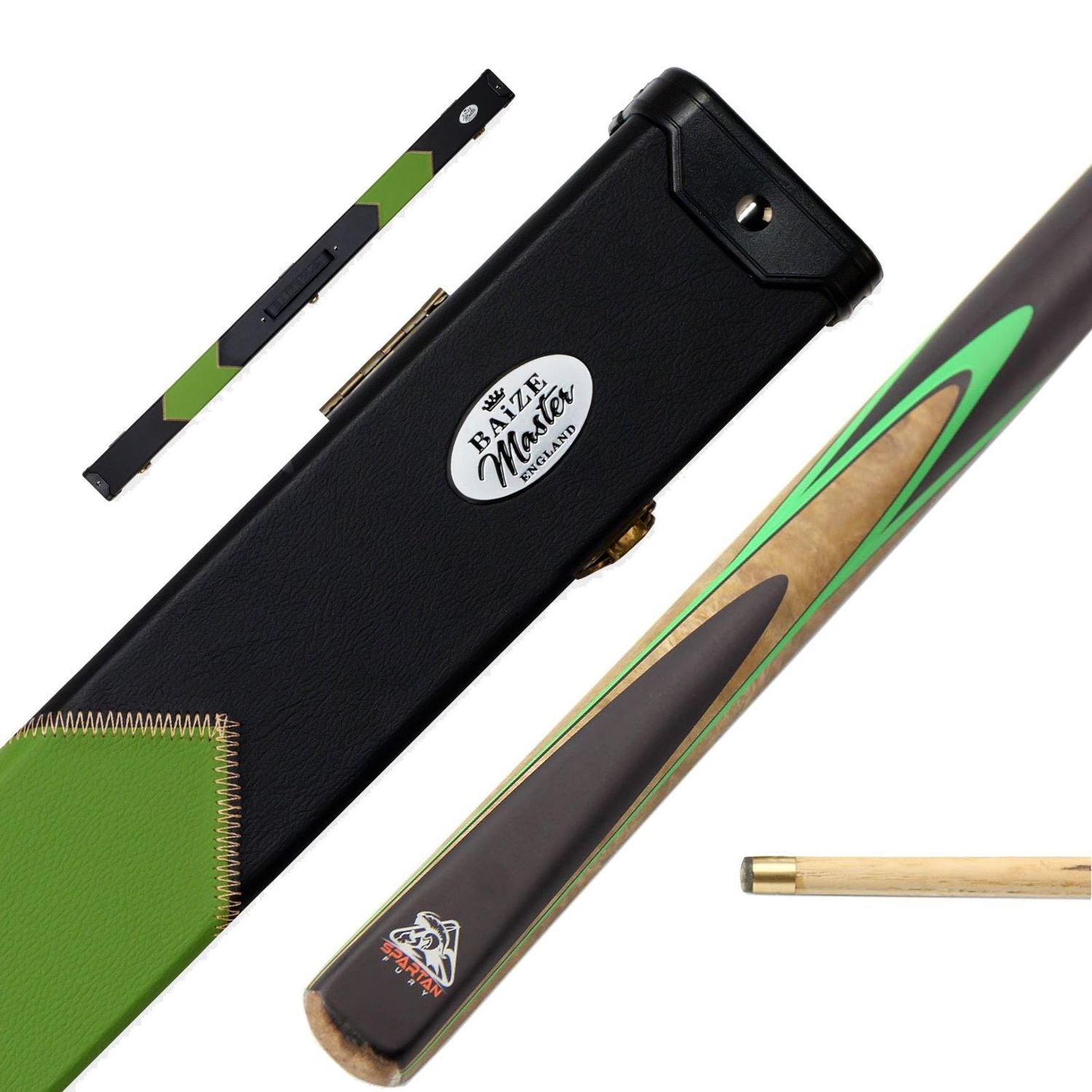 Spartan Fury Vanquish 57 Inch Ash 3/4 Jointed Snooker Cue Set with 9mm Tip in Green + Baize Master Deluxe Case