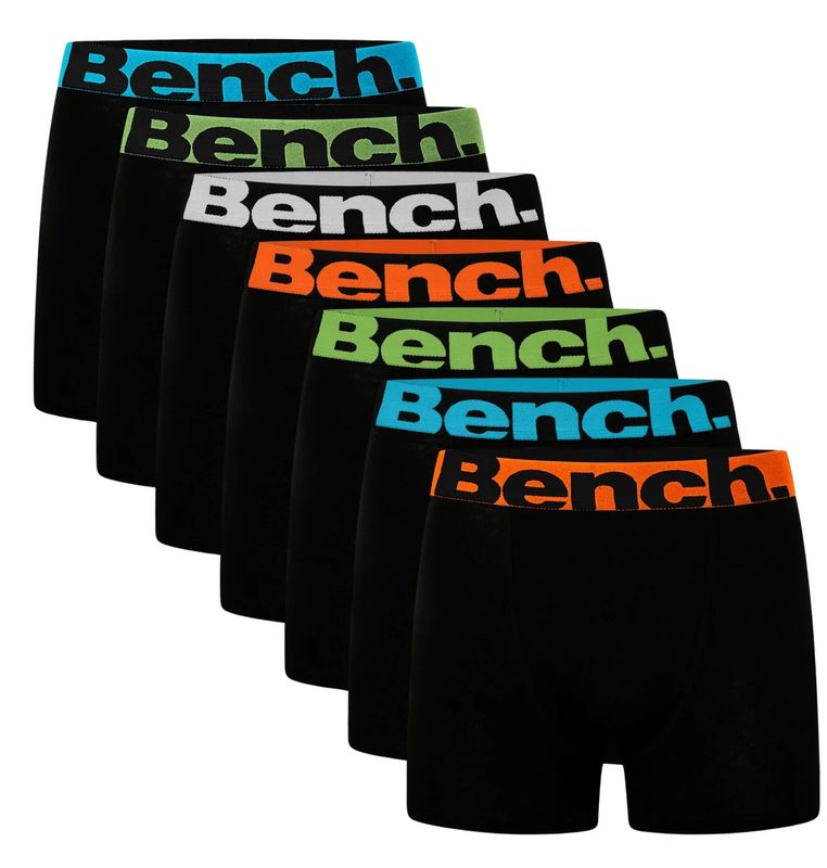 Bench 7 Pack Diego Mens Designer Boxer Shorts / Trunks in Black with Coloured Bands Bench 7 Pack Diego Mens Designer Boxer Shorts / Trunks in Black with Coloured Bands
