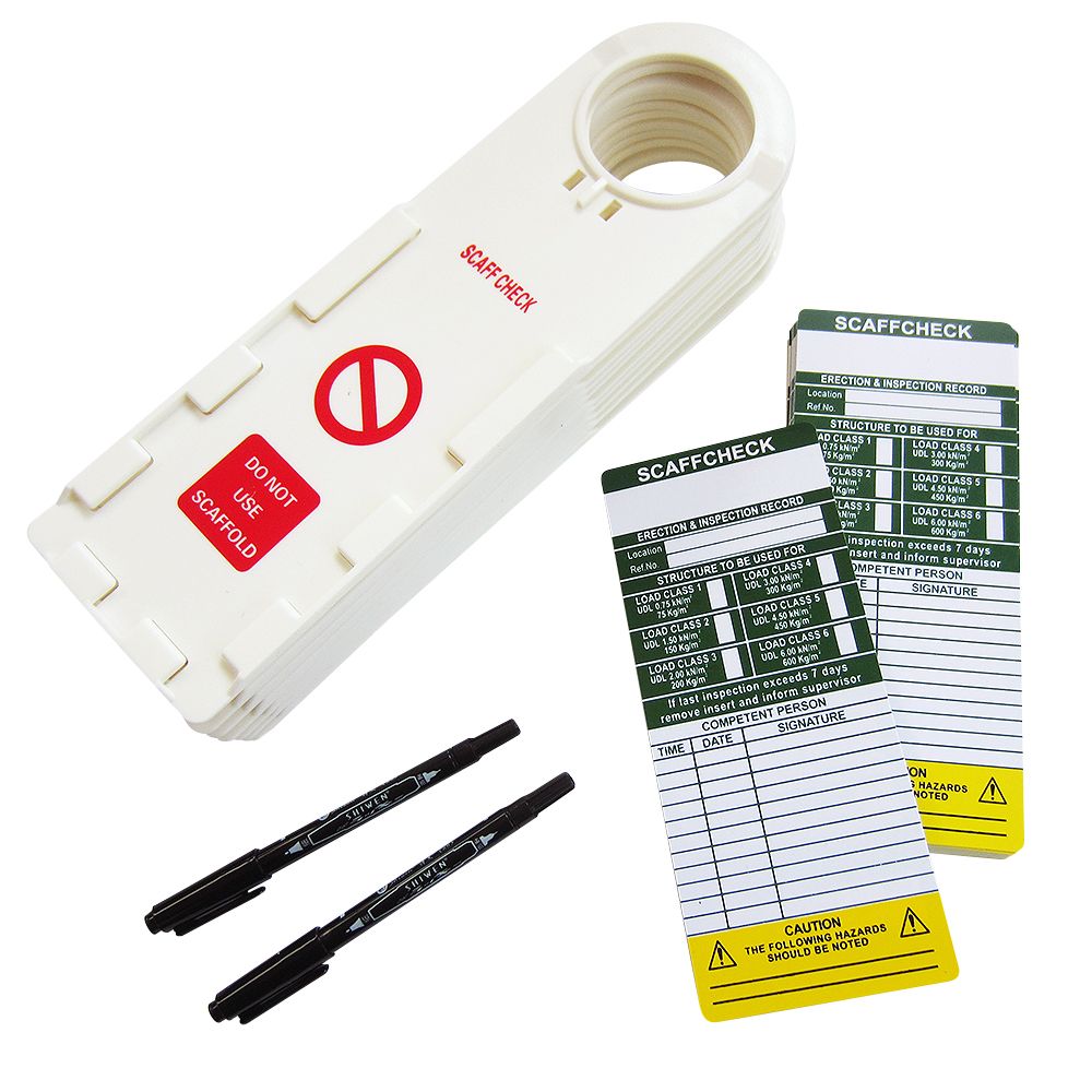 Scaffold Check Inspection Tag Kit x 10 Holders + 20 Double Sided Inserts Scaffold Check Inspection Tag Kit x 10 Holders + 20 Double Sided Inserts