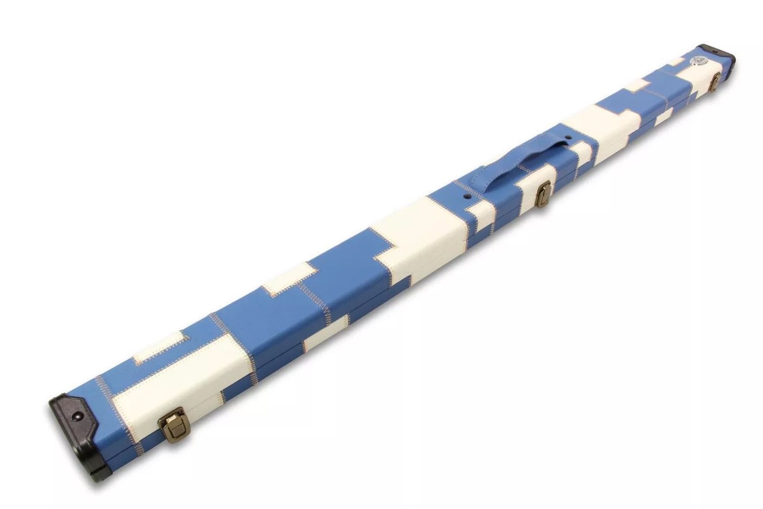 Deluxe 3/4 Snooker cue case with Plastic Ends in Blue and White Patch - 2 Slots Deluxe 3/4 Snooker cue case with Plastic Ends in Blue and White Patch - 2 Slots