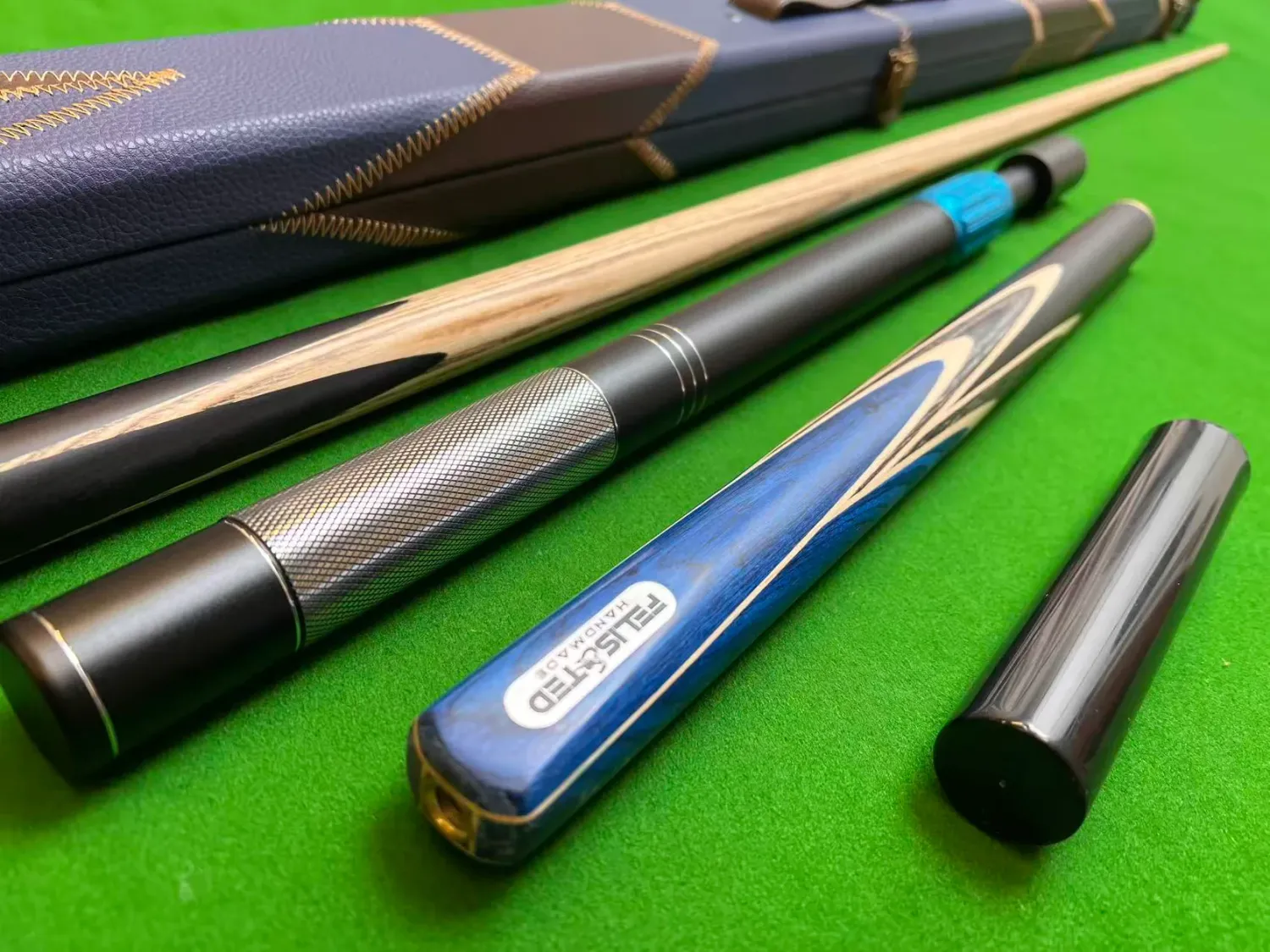 58“ Handmade Ebony 3/4 Jointed Snooker Cue Set with Case and Extension in Blue
