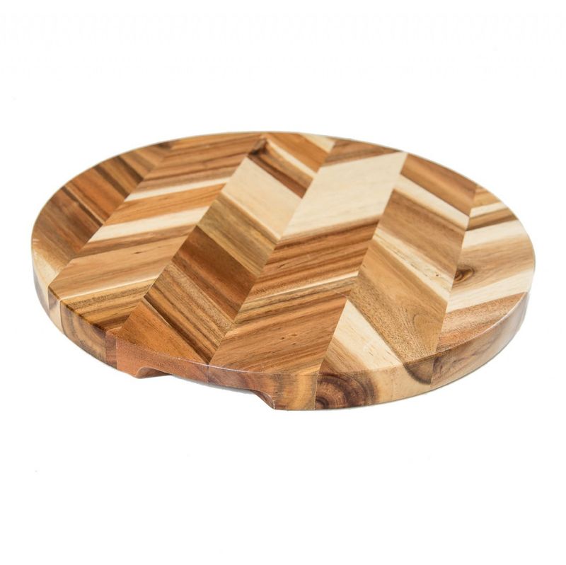 14" Round Herringbone Acacia Cutting or Serving Board with Inset Handles