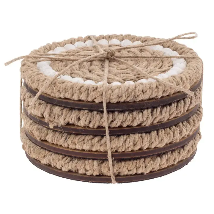 Jute &amp; White Beaded Coasters, set of 4