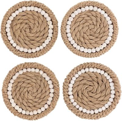 Jute &amp; White Beaded Coasters, set of 4