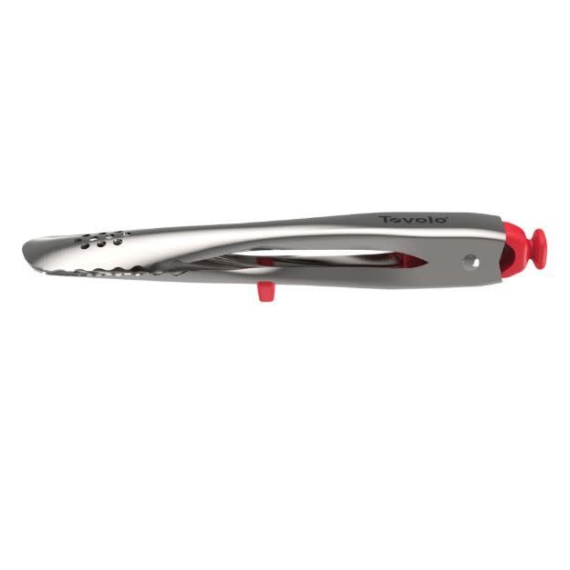 7" Apple Red Silicone &amp; Stainless Perforated Tongs
