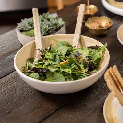 12" White &amp; Bamboo Salad Bowl
