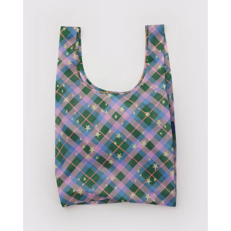 Green Star Plaid Baggu Reusable Tote Bag