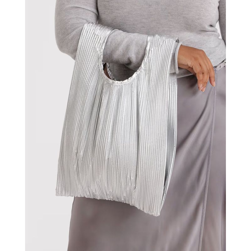 Chrome Metallic Pleated Baggu Reusable Tote Bag