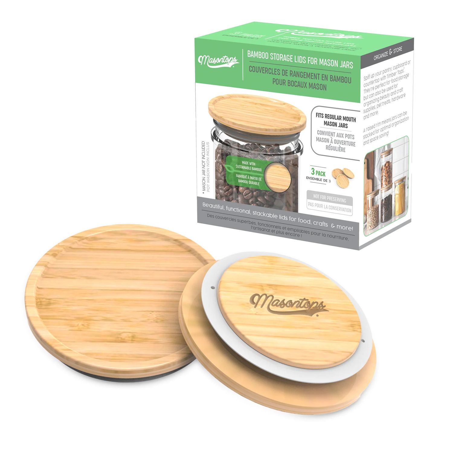 Wide Mouth Bamboo Lids, set of 3