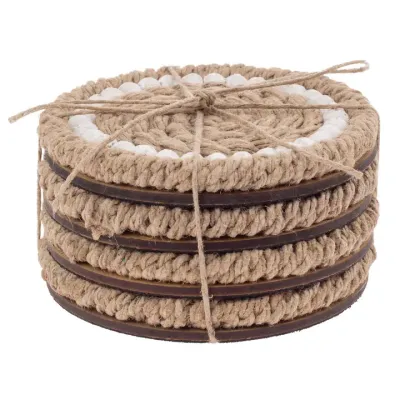 Jute &amp; White Beaded Coasters, set of 4