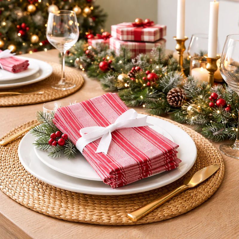 Red &amp; White Striped Cloth Napkins, set of 4