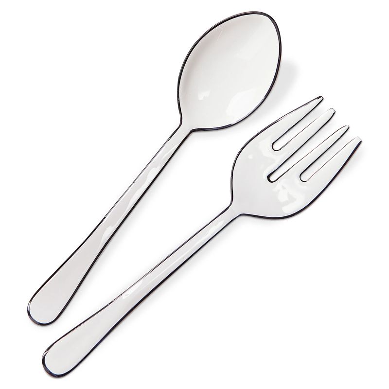 White Enamel Serving Utensils with Black Trim, set of 2