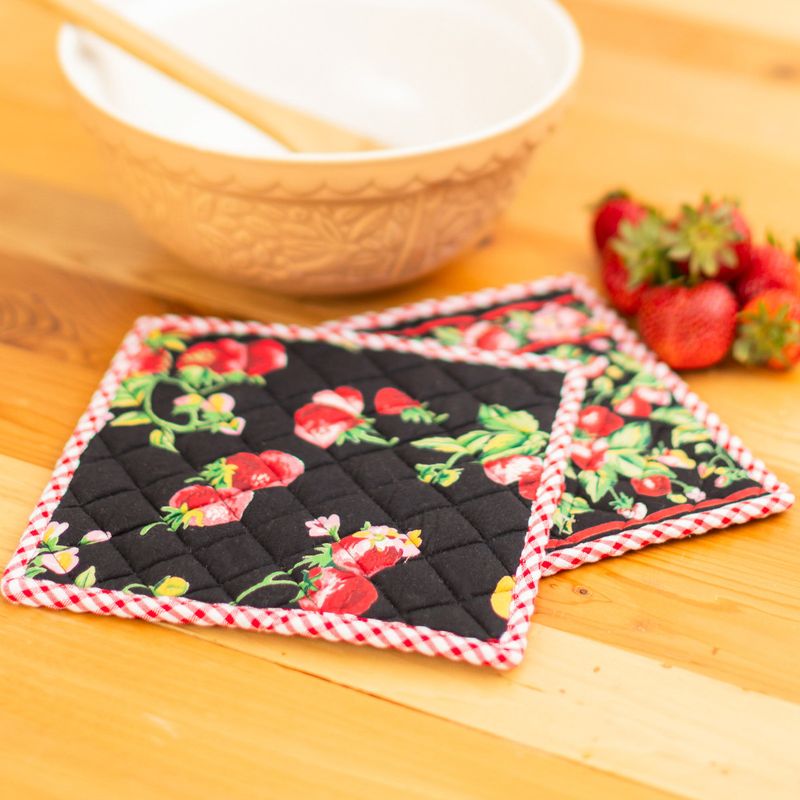 April Cornell Black Strawberry Patchwork Potholders, set of 2