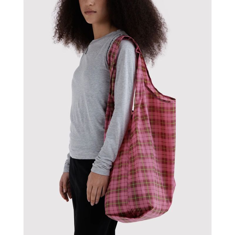 Azalea Pink Tartan Big Baggu Large Reusable Tote Bag