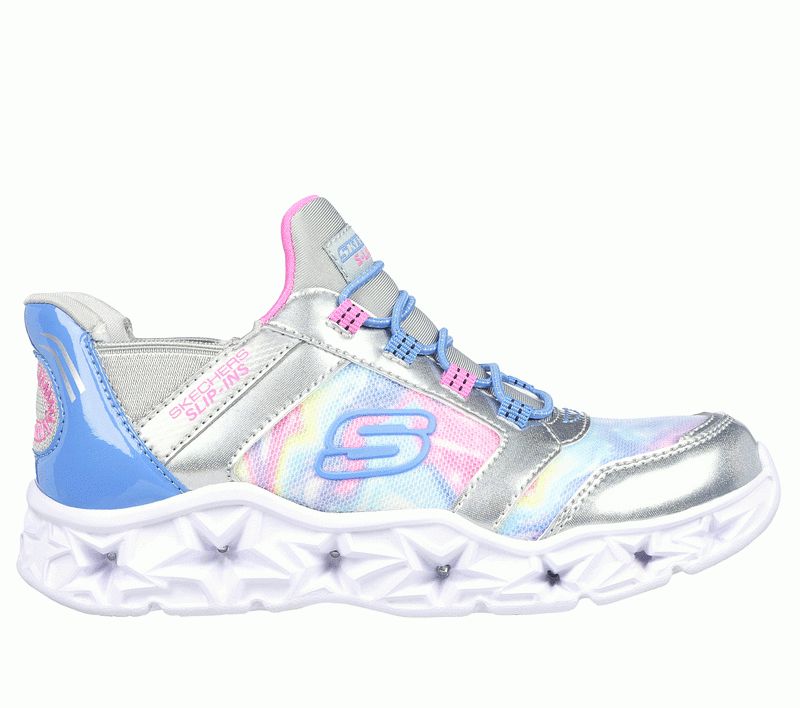 SKECHERS GIRLS SLIP INS-GALAXY LIGHTS TIE DYE TAKEOFF, Color: Silver/Multi, Size: 11