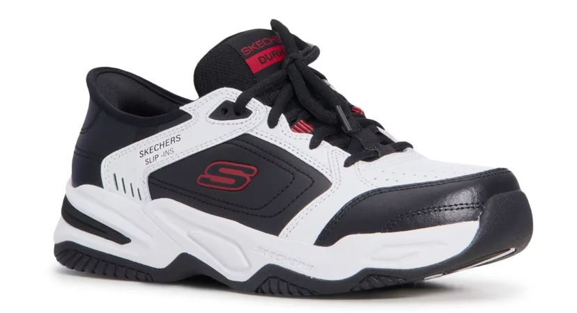 SKECHERS DURHAM-DELVOR, Color: White/Black/Red, Size: 8.5, Width: Extra Wide