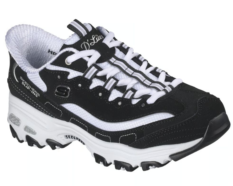 SKECHERS WOMEN&#39;S D&#39;LITES FAN GIRL, Color: Black/White, Size: 7