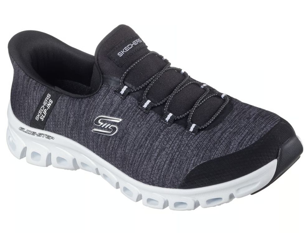 SKECHERS WOMEN&#39;S SLIP-INS GLIDE STEP PEAK, Color: Black/White, Size: 7, Width: Wide