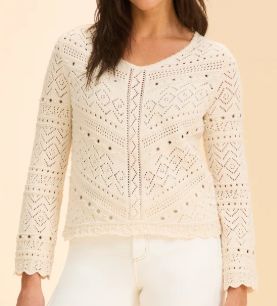 FDJ LONG SLEEVE POINTELLE SWEATER IVORY