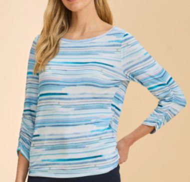 FDJ 3/4 SLEEVE BOAT NECK TOP, Colour: BLUE STRIPEY, Size: S