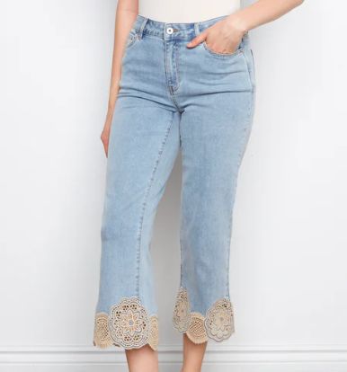 WOMEN'S CHARLIE B DENIM FLARE LEG PANTS WITH LASER CUT, Color: LIGHT BLUE, Size: 4