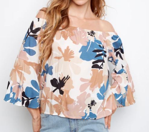 WOMEN'S CHARLIE B PRINTED 3/4 SLEEVE OFF SHOULDER BLOUSE, Colour: FLORALIS, Size: S