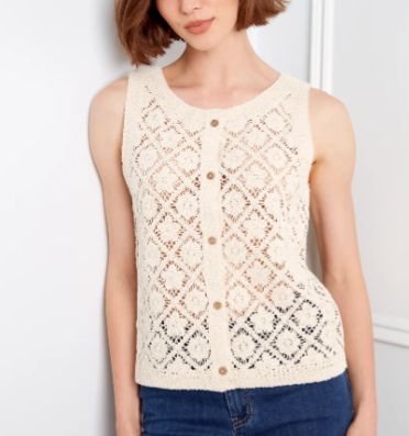 WOMEN'S CHARLIE B CROCHET BUTTON UP SLEEVELESS VEST, Color: NATURAL, Size: S