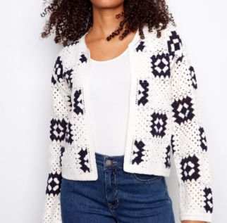 WOMEN'S CHARLIE B  SQAURE CROCHET CARDIGAN, Colour: WHITE, Size: S