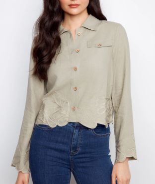 WOMEN'S CHARLIE B LINEN JACKET WITH EMBROIDERED HEM, Color: SAGE, Size: S