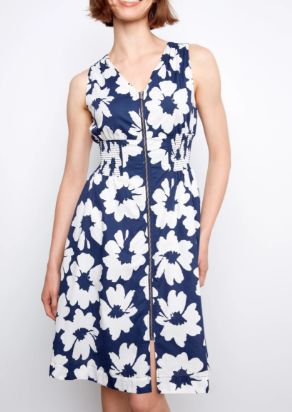 CHARLIE B COTTON VOILE PRINTED FRONT ZIP KNEE LENGTH DRESS