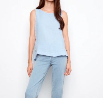CHARLIE B CRISP LINEN SLEEVELESS BLOUSE W/ SIDE BUTTONS, Color: MIST, Size: S