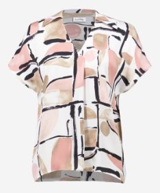 JOSEPH RIBKOFF LDS TOP - PRINTED SHORT SLEEVE BLOUSE WITH COLAR, Color: VANILLA/MULTI, Size: 8