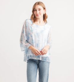 PAPILLON MESH FLORAL STRETCH TOP, Color: BLUE, Size: S