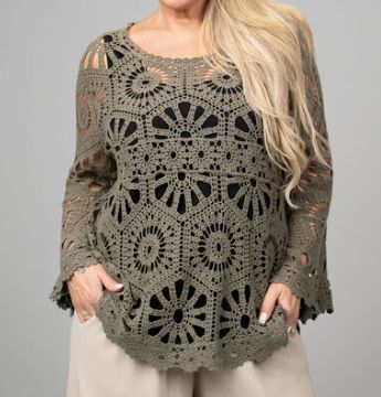 PAPILLON CROCHET BELL SLEEVE PULLOVER, Color: KHAKI, Size: S/M