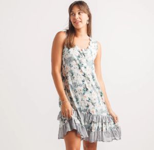PAPILLON FLORAL CRINKLE RUFFLE HEM DRESS, Color: GREY, Size: S