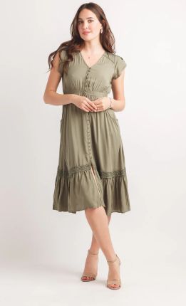 PAPILLON SHORT SLEEVE BUTTON FRONT DRESS, Color: KHAKI, Size: S