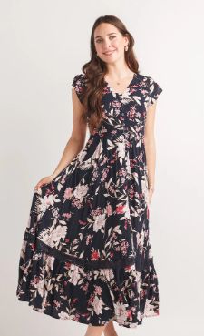 PAPILLON FLORAL SHORT SLEEVE MAXI DRESS, Color: NAVY, Size: S