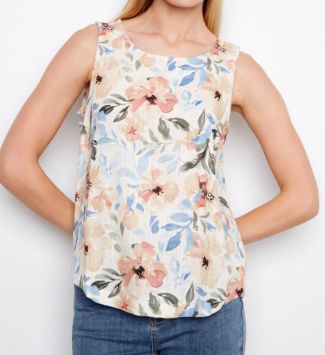 WOMEN'S CHARLIE B PRINTED SLEEVELESS LINEN BLOUSE WITH ROUNDED HE,