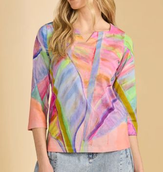 FDJ 3/4 SLEEVE NOTCH NECK TOP, Color: NEON PALM, Size: S