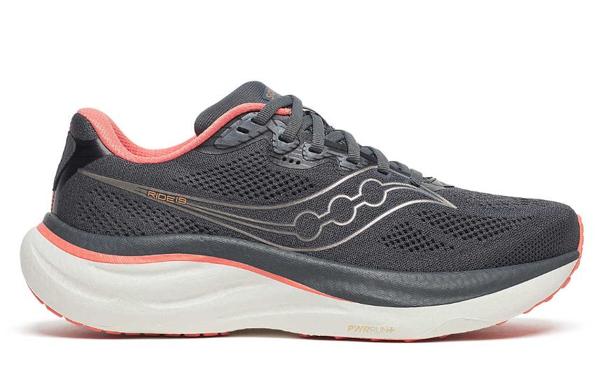 SAUCONY WOMEN'S RIDE 19, Colour: SHADOW/SALMON, Size: 7, Width: MEDIUM