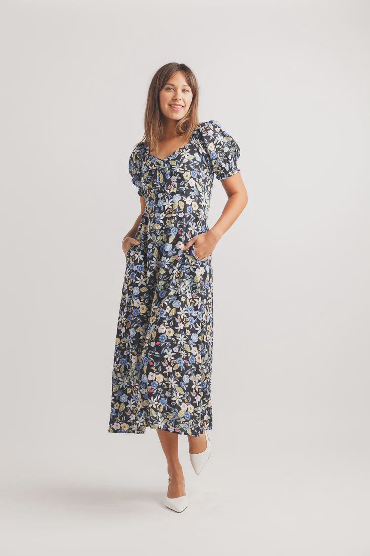 PAPILLON FLORAL PUFF SLEEVE DRESS WITH ELASTIC, Colour: BLACK, Size: S