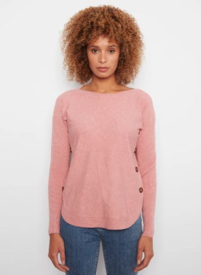 CHARLIE B LONG SLEEVE DROP SHOULDER BOAT NECK SWEATER WITH SIDE BUTTON, Colour: H-CARNATION, Size: S