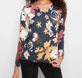 CHARLIE B - LONG SLEEVE DROP SHOULDER PRINTED V NECK SWEATER, Color: BLOOM, Size: S