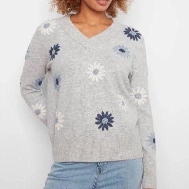 CHARLIE B - EMBRIODERED V NECK SWEATER WITH WIDE RIBB CUFF &amp; HEM, Color: GREY, Size: XS
