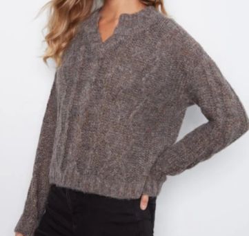 CHARLIE B - METALLIC FLEX YARN NOTCH NECK SWEATER, Color: WOODLAND, Size: S