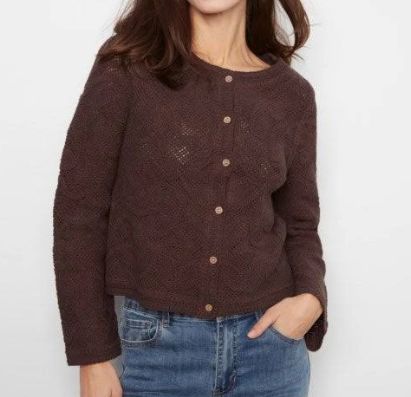 CHARLIE B - CARDIGAN CROCHET LONG SLEEVE, Color: COFFEE, Size: XS