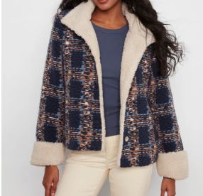 CHARLIE B - CHEVRON BOUCLE SHORT JACKET WITH SHERPA TRIM, Color: NAVY, Size: S